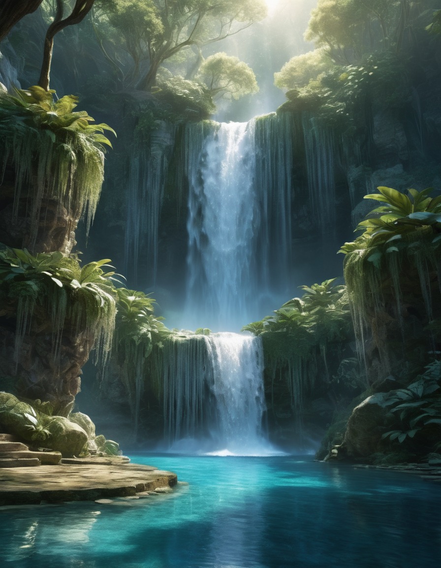 waterfall, crystal-clear, sparkling pool, mystical, water nymphs, fantastic