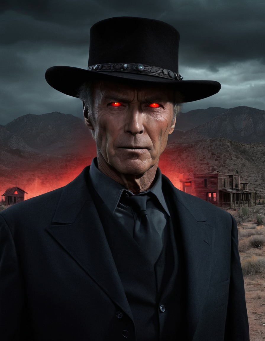 clint eastwood, western, spaghetti western, ghost town, menacing, glowing eyes, dark shadow