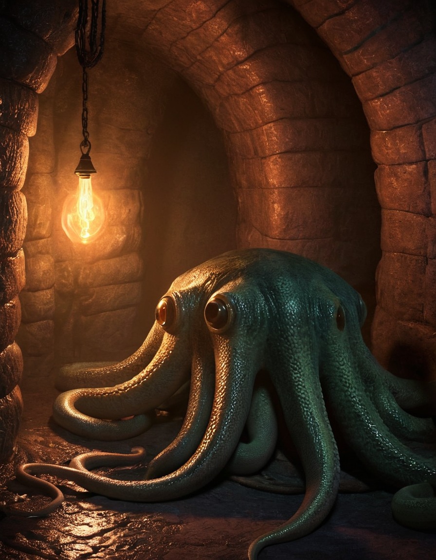 secret chamber, underground, tentacled creatures, torchlight, hidden, mysterious, lovecraft, howard lovecraft