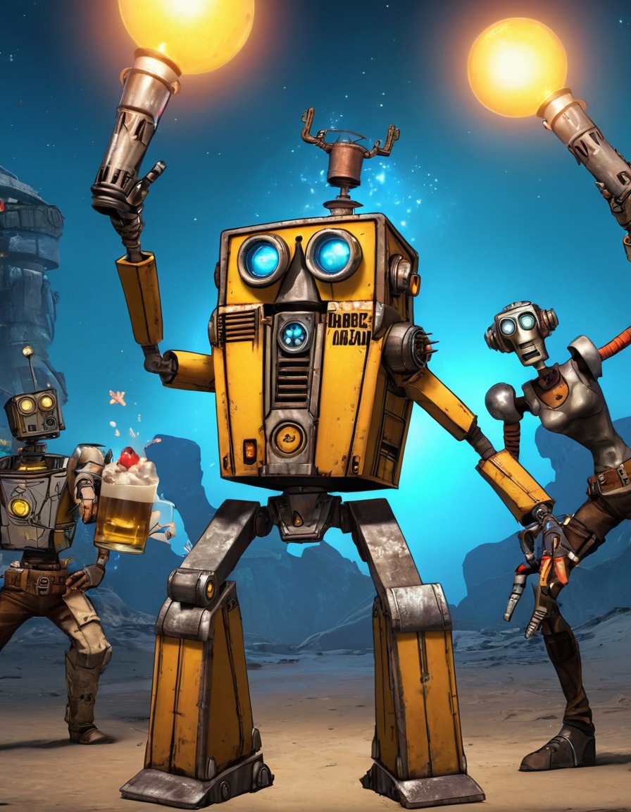 claptrap, borderlands, robot, dance party, robots, games, movies