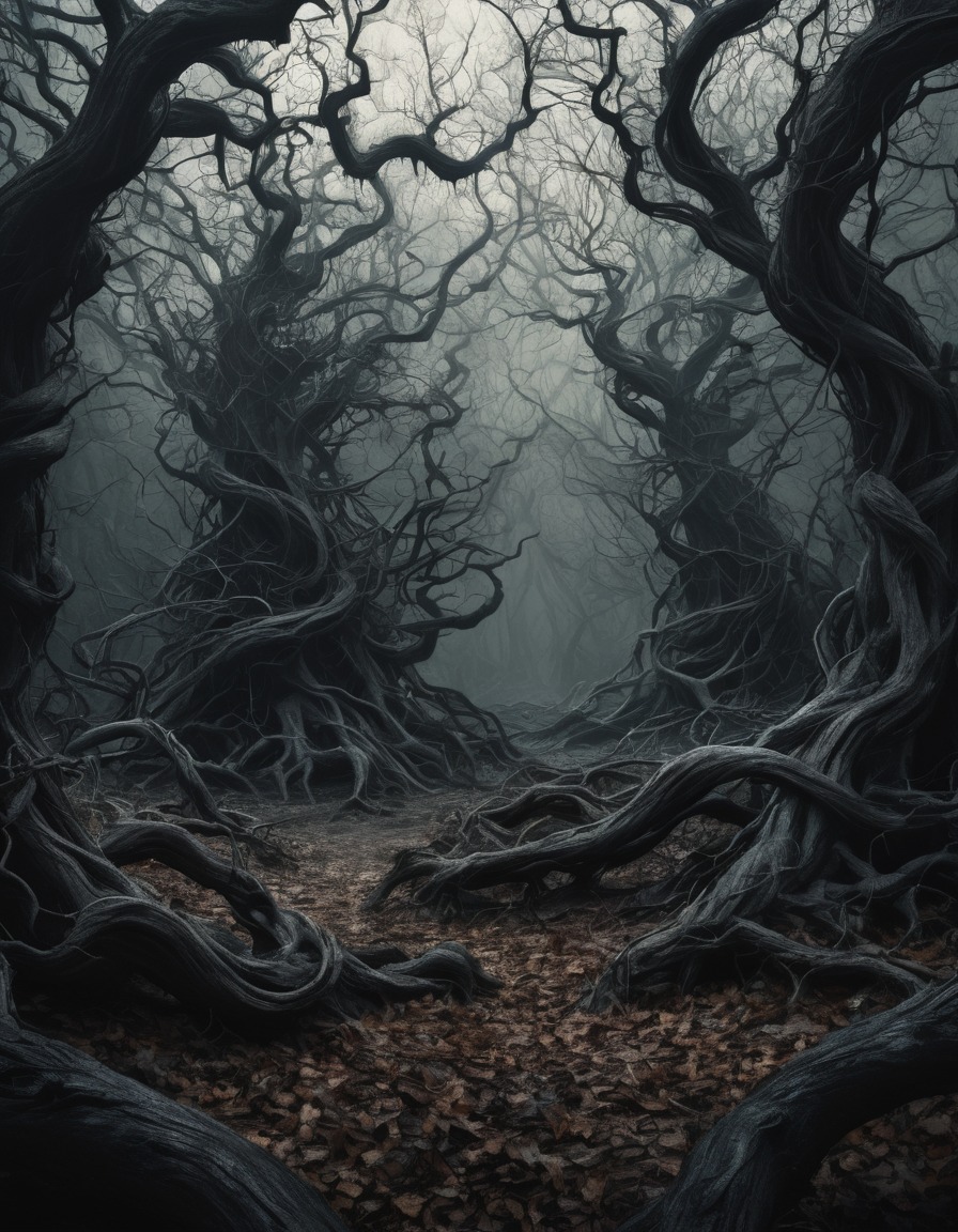 forest, twisted branches, shadows, creepy, nature, gothic, underground, dark