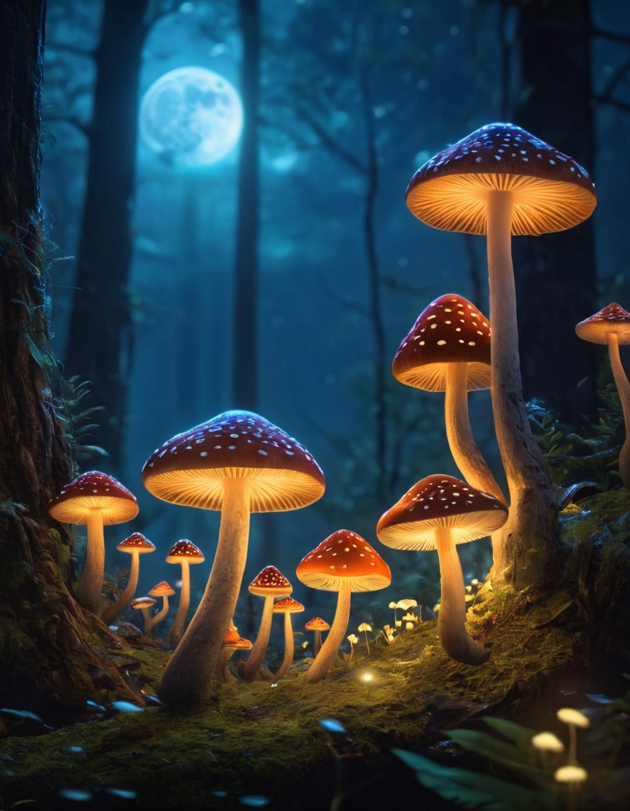 glowing mushrooms, forest, night sky, fantasy setting, bioluminescence, nature wonder, magical atmosphere