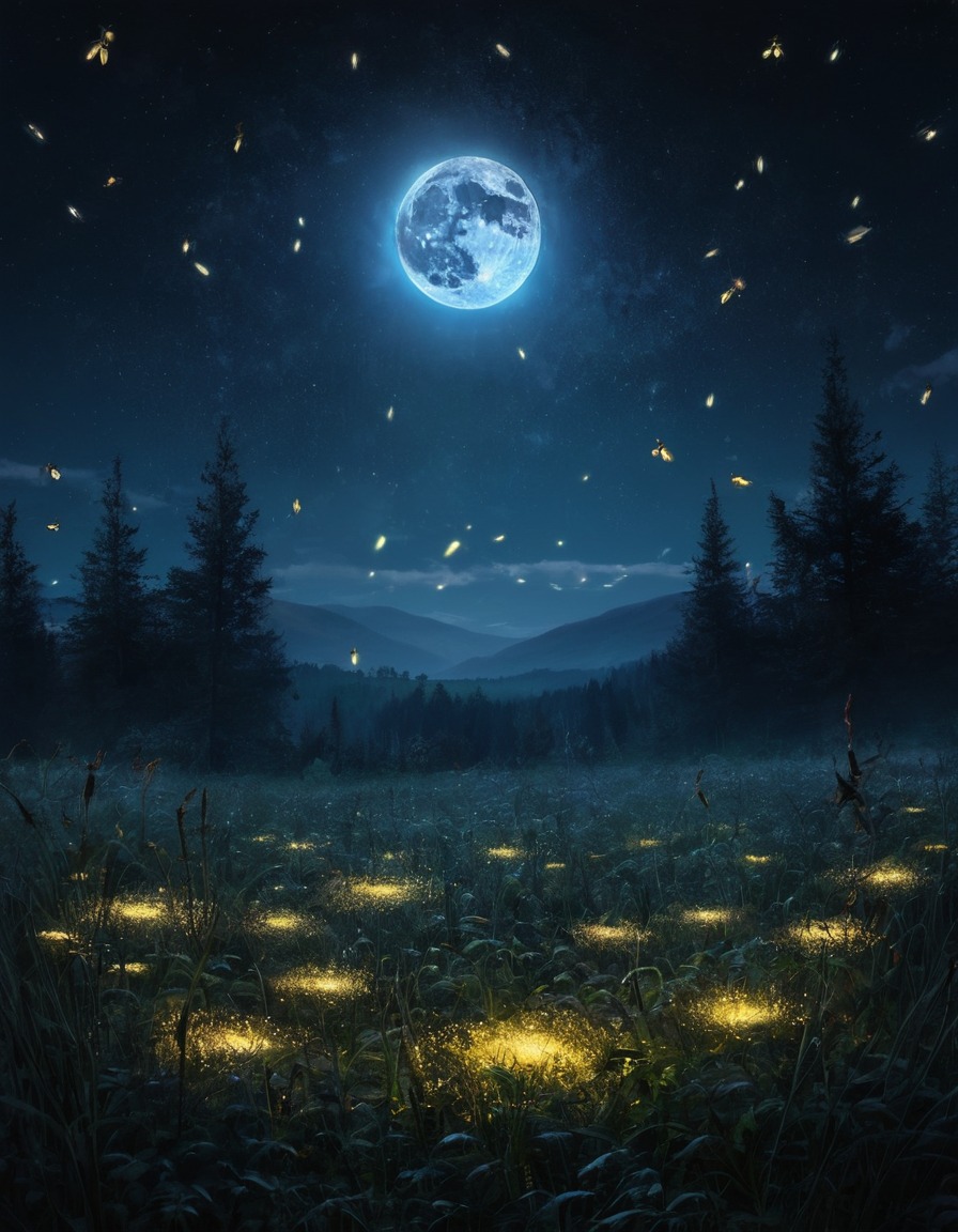 fireflies, glowing, moonlit, meadow, circle, mystical, nature