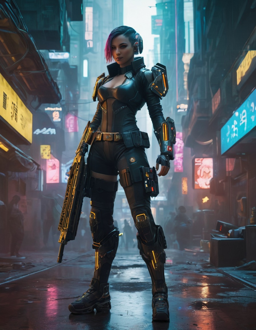 cybernetic enhancements, high-tech weaponry, gritty urban environment, cyberpunk 2077, computer games