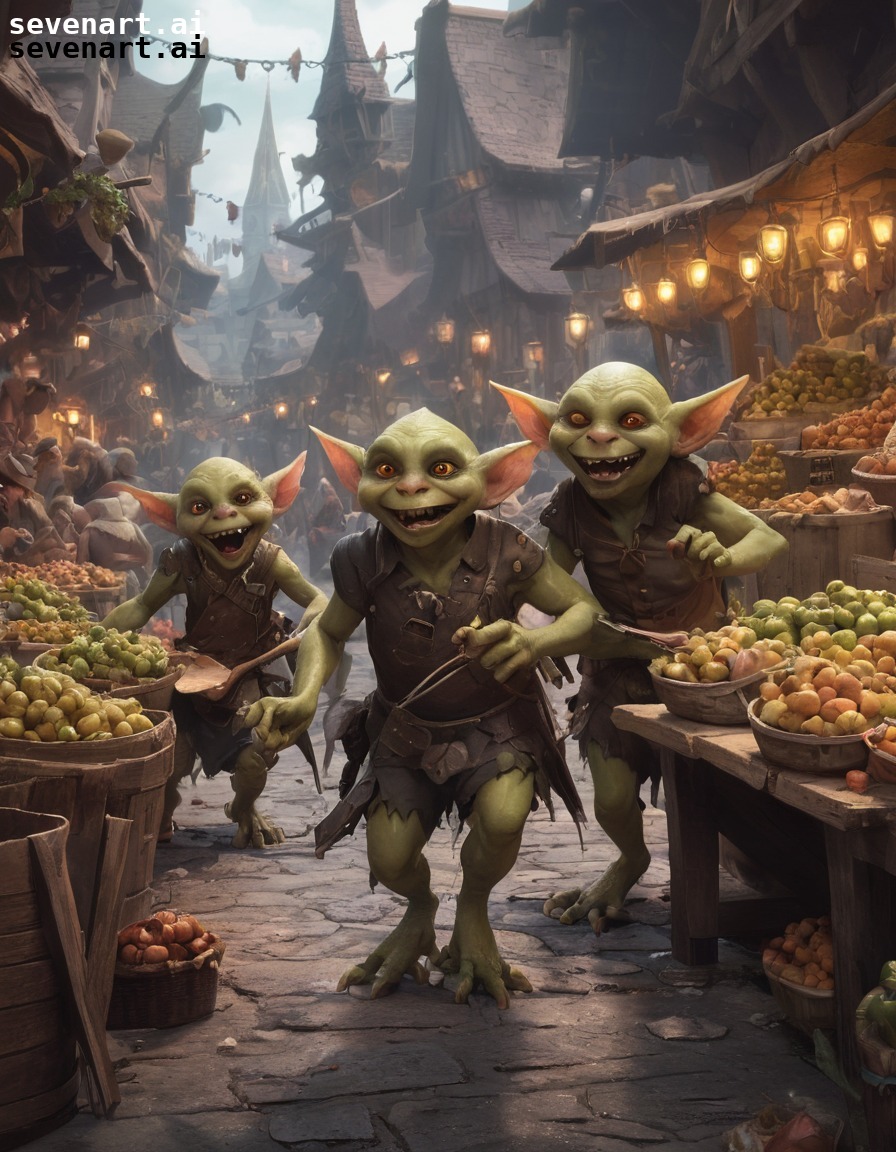 goblins, mischief, chaos, marketplace, pranks, fantasy