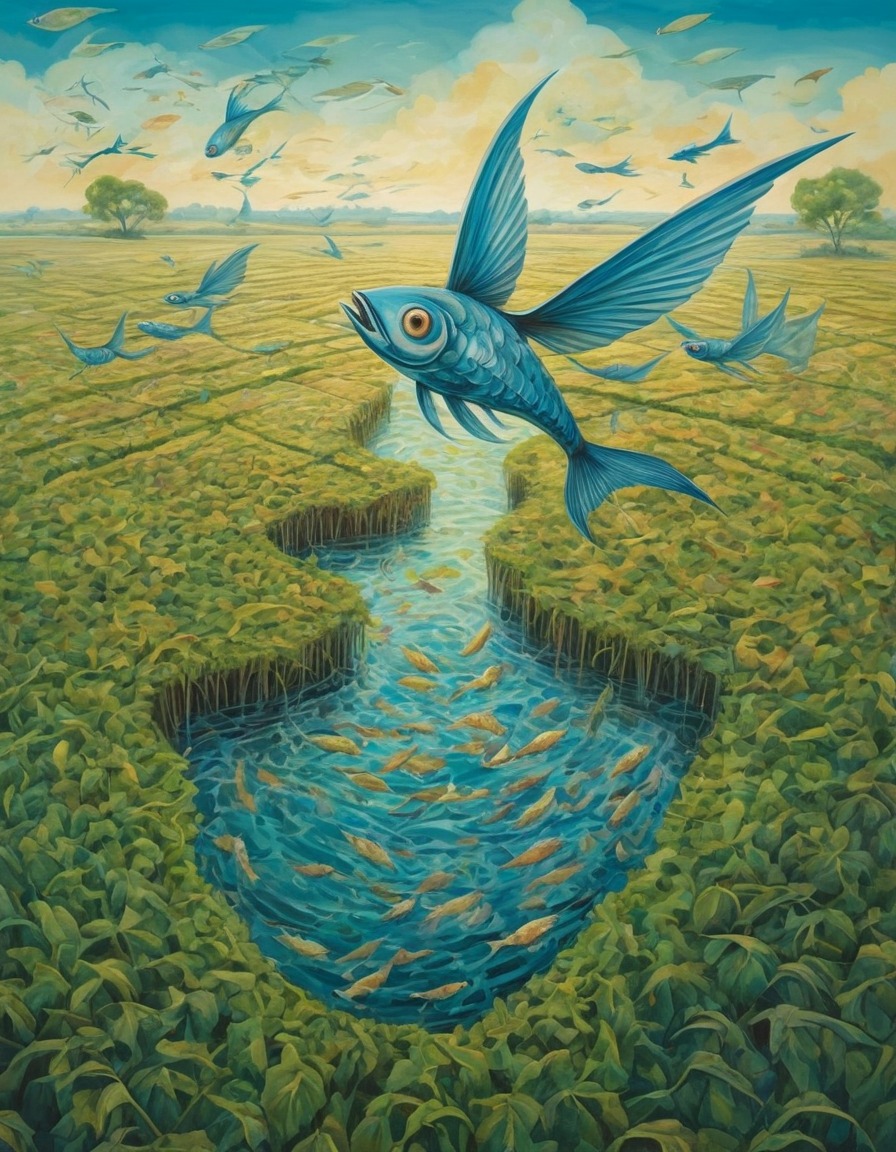 surreal, flying fish, wings, leaves, floating islands, fantasy