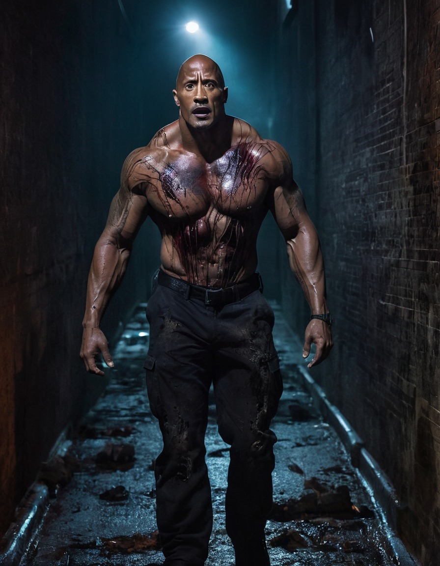 dwayne johnson, zombie, horror, muscles, decayed, eerie light, alleyway, celebrities