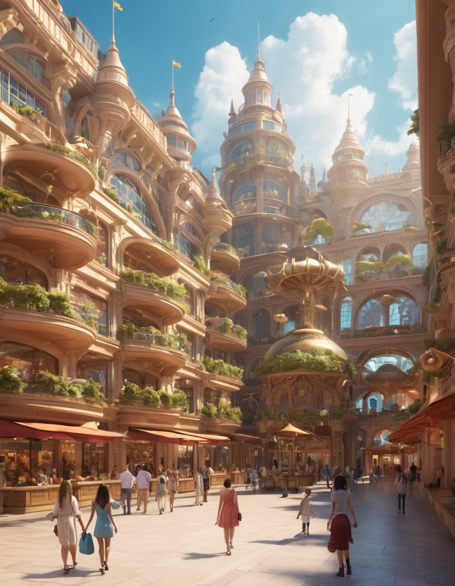 shopping mall, fantasy, fantastic city, fictional creatures, urban fantasy, magical shopping, mythical beings