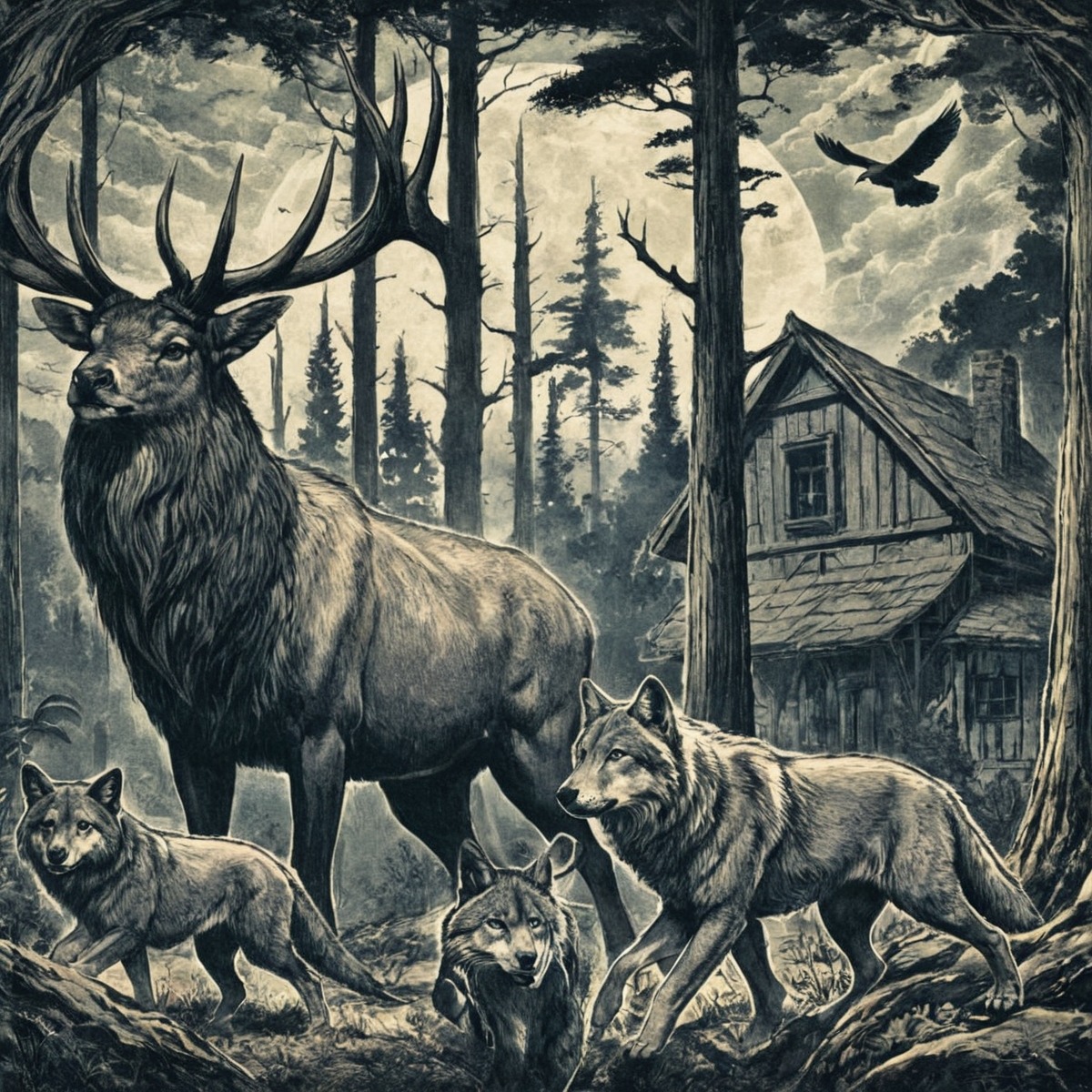 cabin, crow, detailed, elk, forest, gothic, illustration, mystery, nature, oil, pastel, wilderness, wolves, art