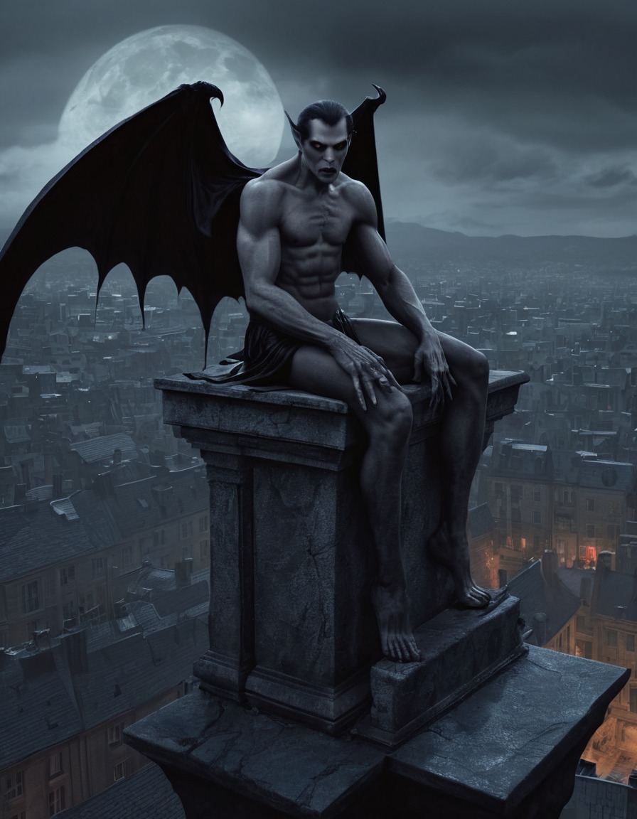 vampire, gargoyle, cityscape, urban fantasy, gothic, underground, dark