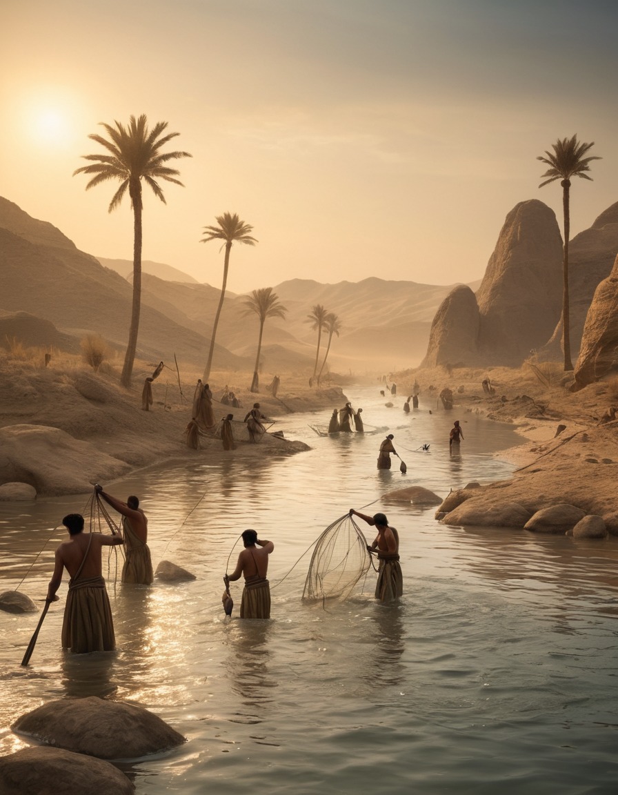 ancient civilization, mesopotamia, fishermen, fishing techniques, nets, river, 4000 bc