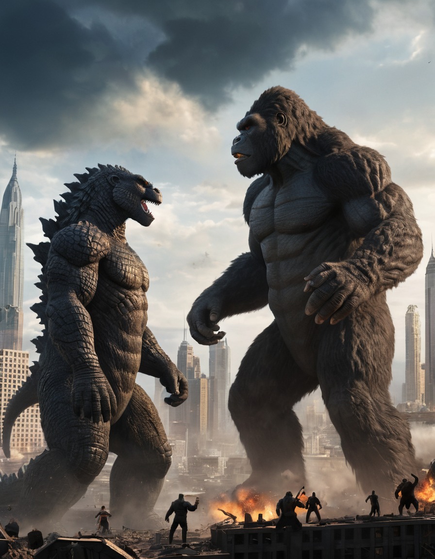 godzilla, king kong, cityscape, monster battle, destruction, kaiju, film mashup, kong