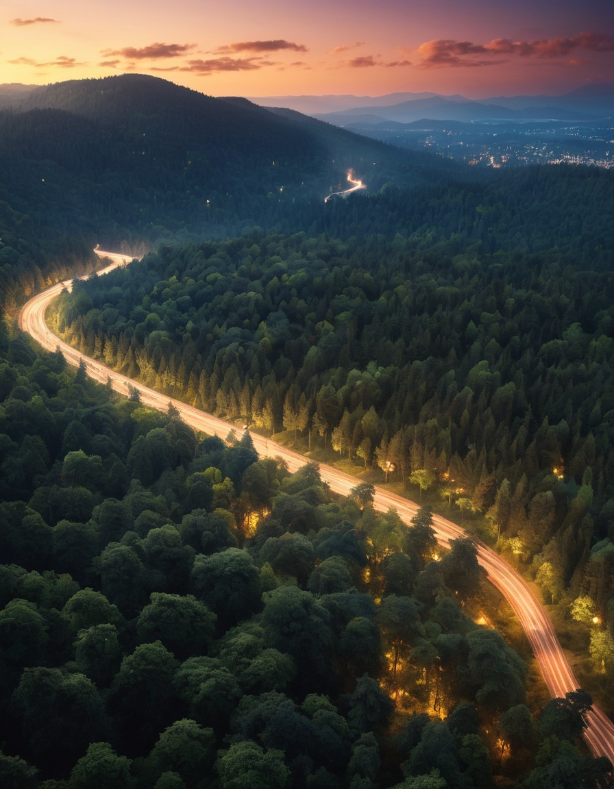 city lights, forest, dusk, nature, city