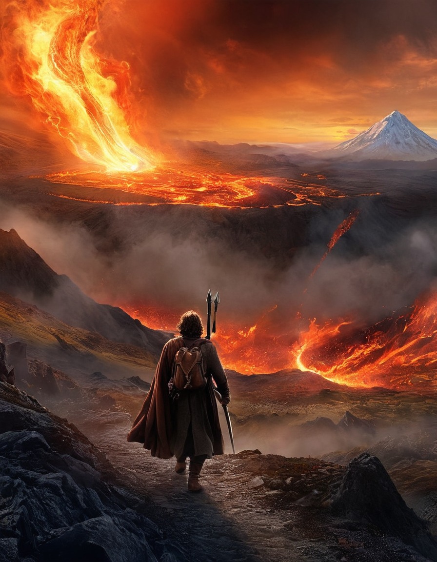 lord of the rings, j.r.r. tolkien, frodo baggins, samwise gamgee, mount doom, intense struggle, determination, books