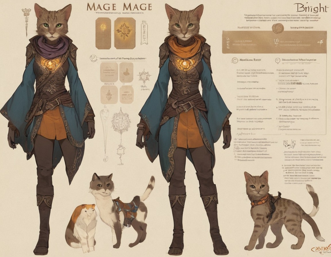 digitalart, characterdesign, adoptable, warrior, magic, dnd, cat, characterconcept, referencesheet, rpg, feline, mage, dreamup, ai_art