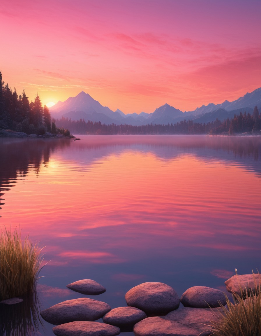 sunrise, painting, sky, pink, orange, lake, nature