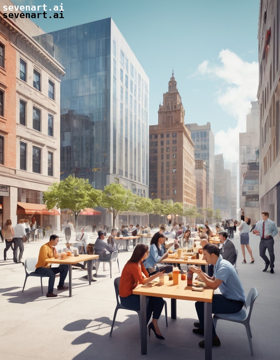 urban, lunch break, office workers, plaza, cityscape, modern city, city