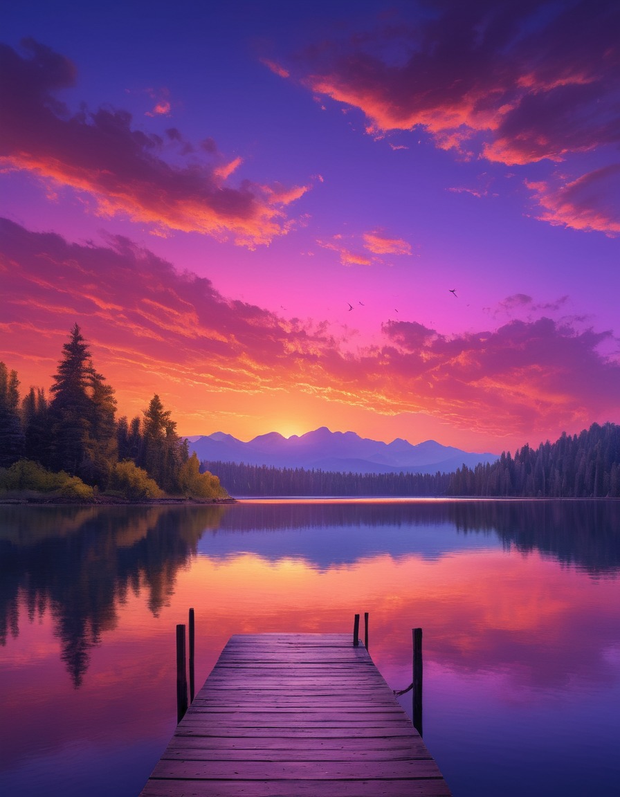 sunset, painting, vibrant, sky, pink, orange, purple, lake, nature