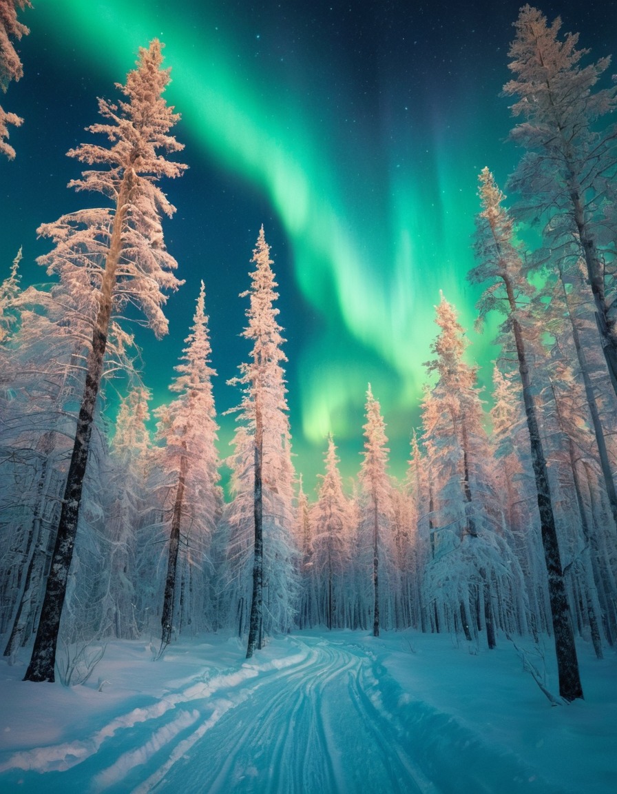 nature, winter, snow, forest, northern lights