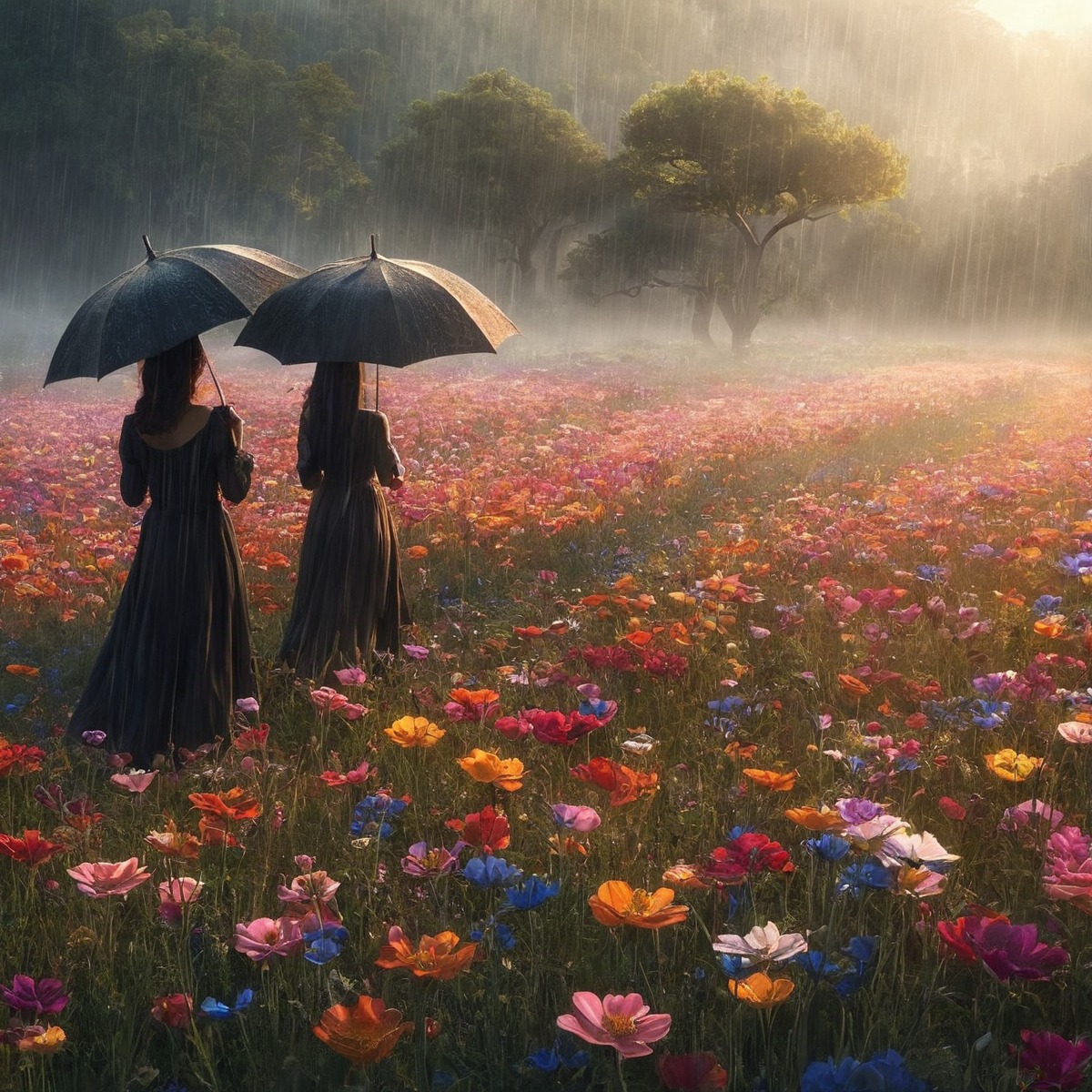 beautiful, evocative, field, generated, raining, umbrellas, wildflowers, women, aigenerated, aigeneratedart, womeninwildflowers, womenonrainyday, womenwalk, womenwalkinwildflowers