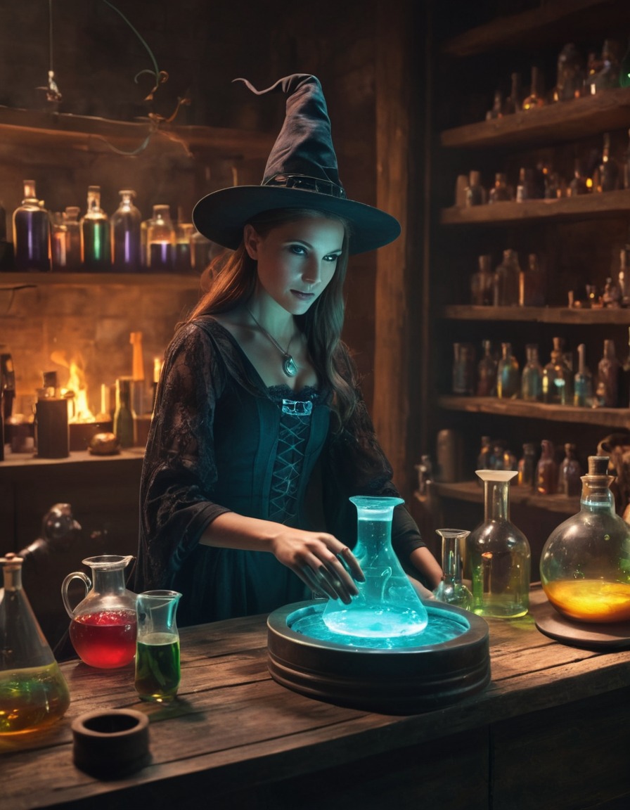 witch, potions, lab, modern technology, medieval, art