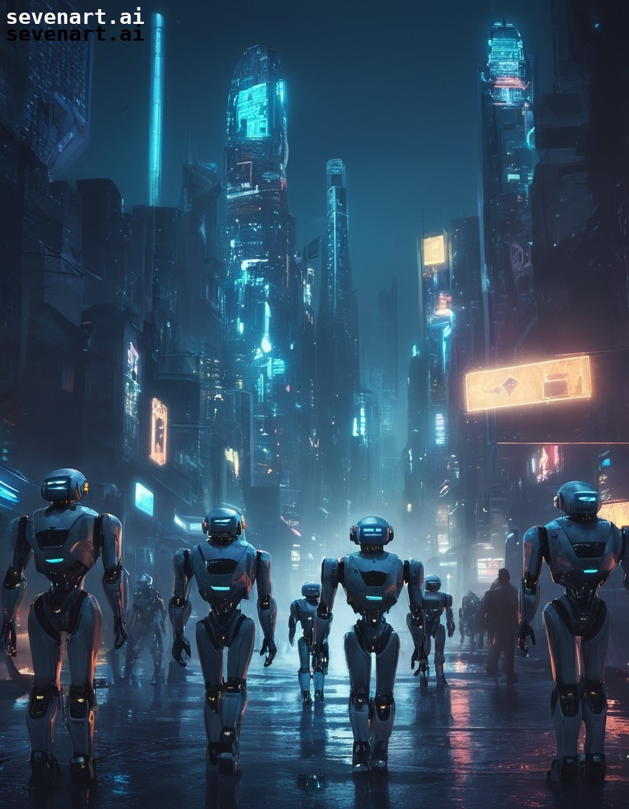 futuristic, robots, cityscape, exploration, night