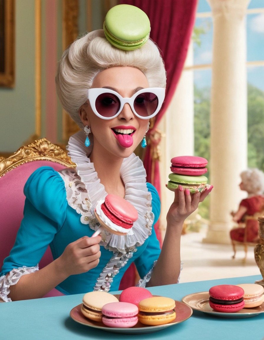 marie antoinette, caricature, oversized sunglasses, giant macaron, humor, funny