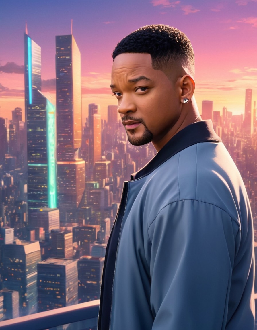 will smith, anime, futuristic, cityscape