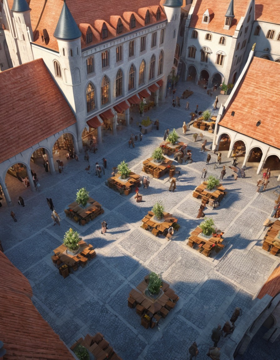 medieval, marketplace, shopping, modern, town square, illustration, art