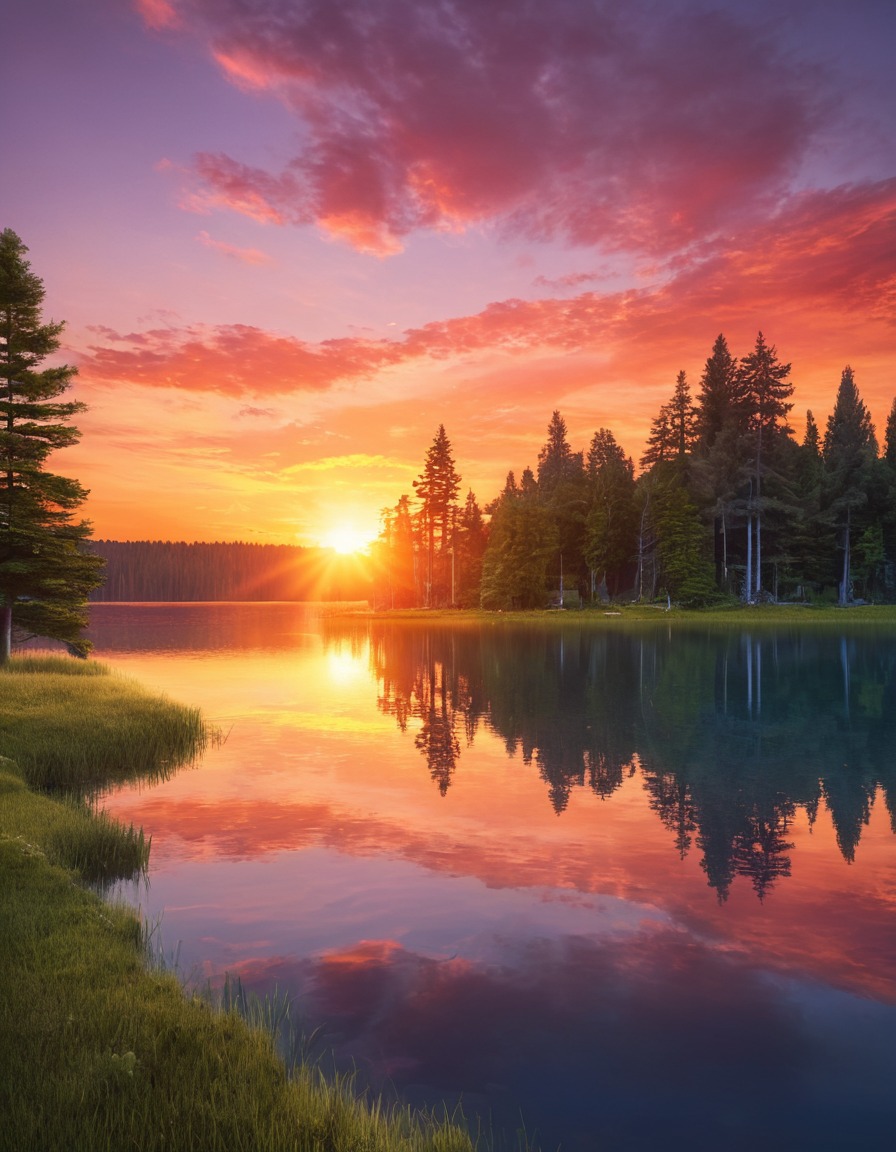 lake, sunset, reflection, serene