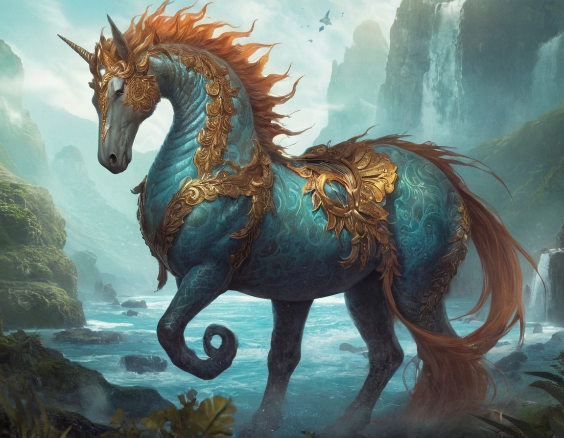 digitalart, fantasyart, creature, horse, dreamup, seahorse, aiart, dailychallenge, ai_art