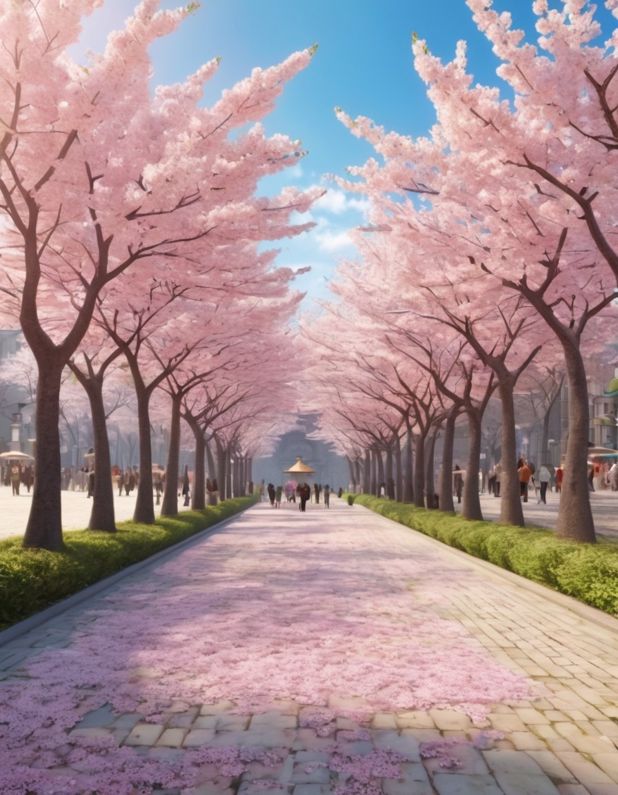 city, square, trees, cherry blossoms, nature, spring