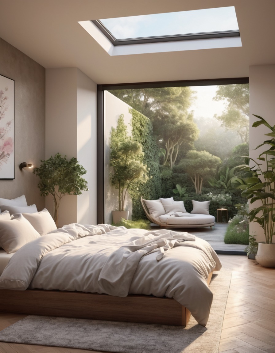 bedroom, fluffy duvet, soft pillows, peaceful garden, home, interior