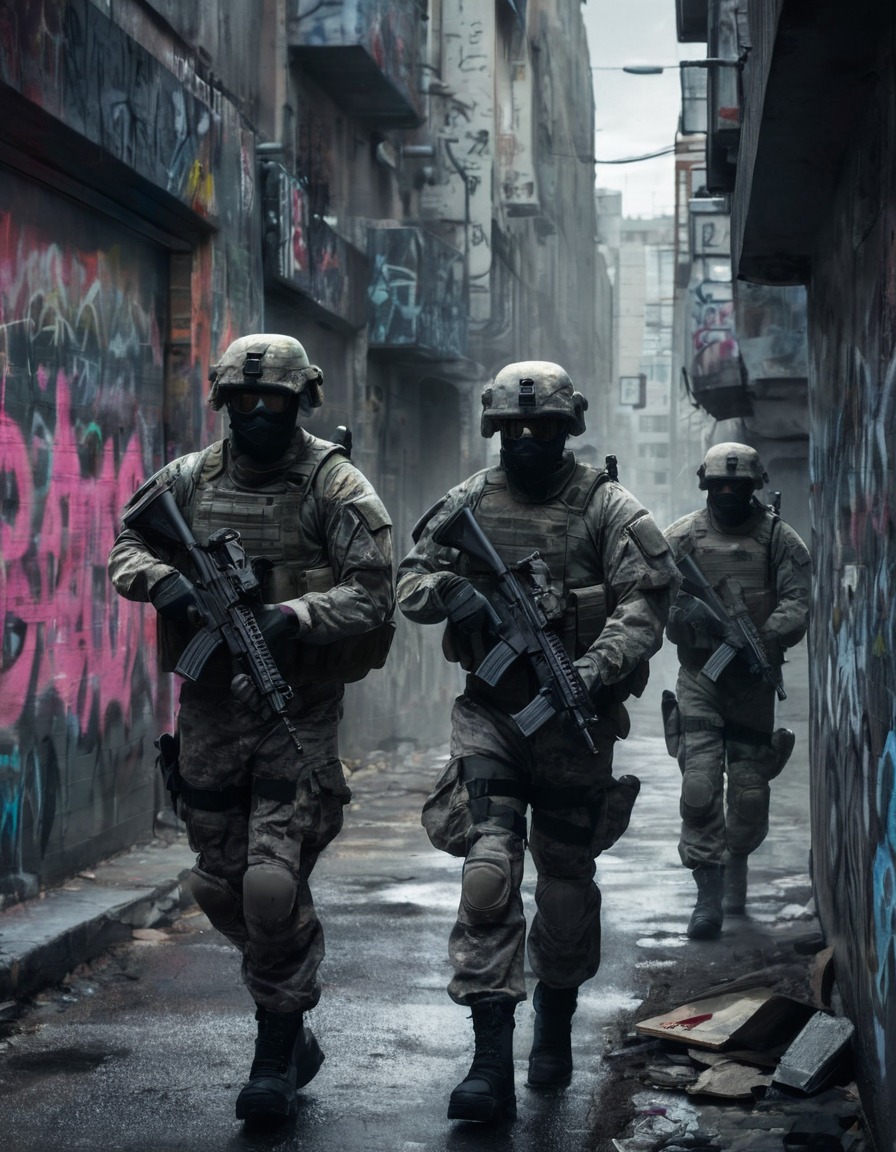 soldiers, patrol, city, graffiti, urban warfare, war, usa