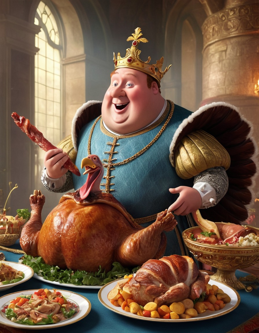 henry viii, cartoon, humorous, giant turkey leg, fat