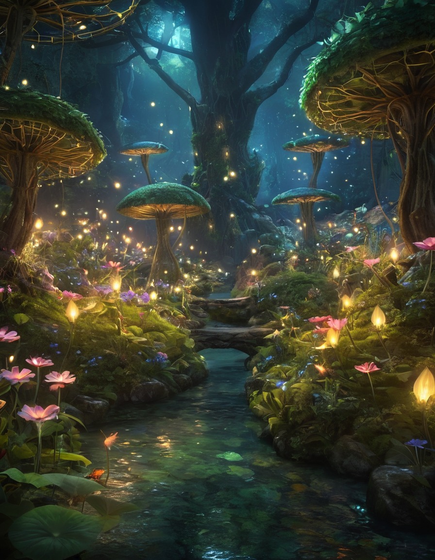 mystical garden, fairies, fireflies, enchanted, magical creatures, fantasy scene