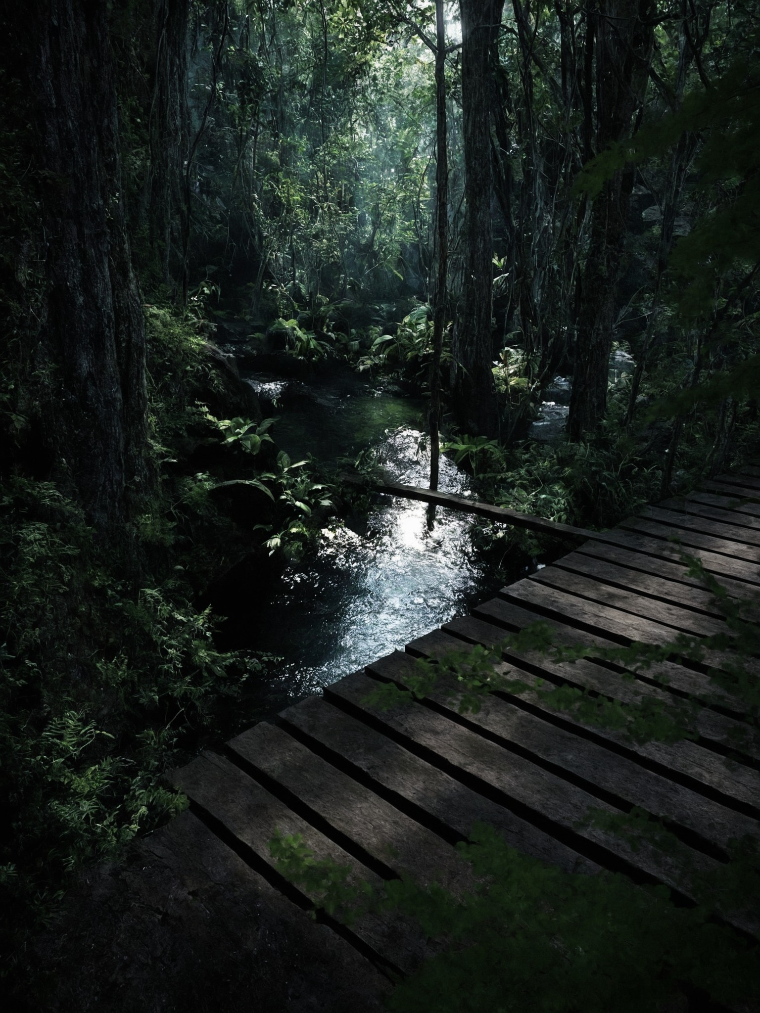 nature, landscape, photographers on tumblr, artists on tumblr, lensblr, forest, water, trees, bridge, wooden bridge, vertical nature, dark nature, into the woods