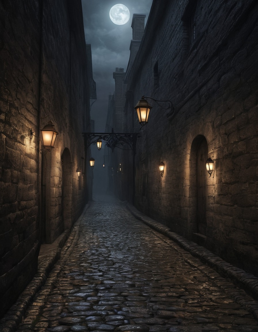 alleyway, gas lamps, cobblestone, shadows, ancient buildings, eerie, gothic, underground, dark