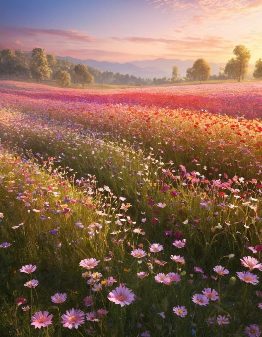 field, shimmering, flowers, color-changing, fantasy, nature, wind