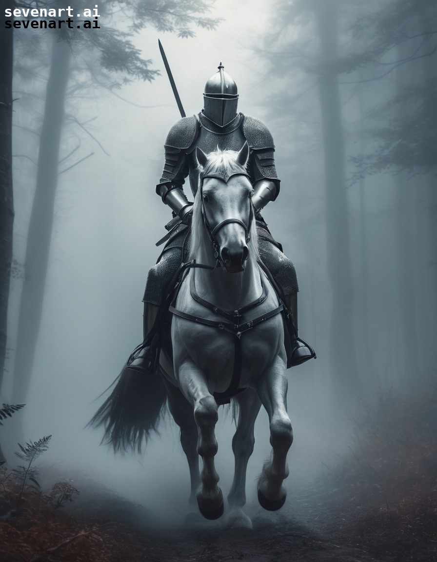 medieval, knight, armor, horse, foggy forest, middle ages