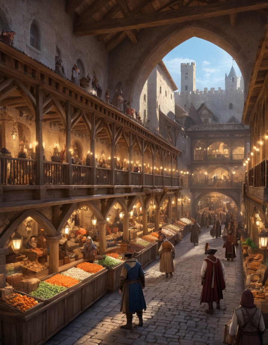 medieval, marketplace, shopping mall, craftsmen, merchants, art