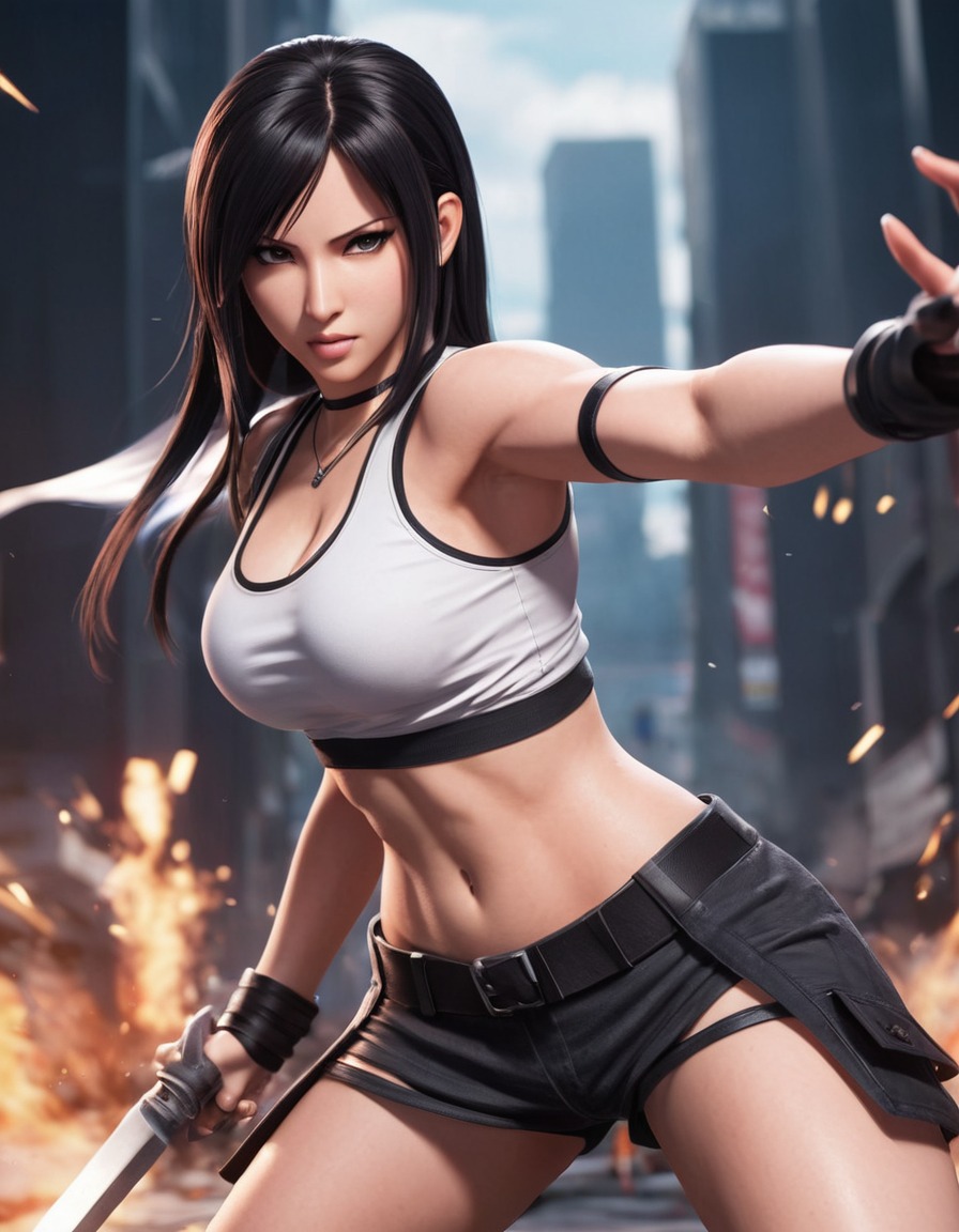 tifa lockhart, final fantasy vii, video game, character design, martial arts, battle stance, anime, games