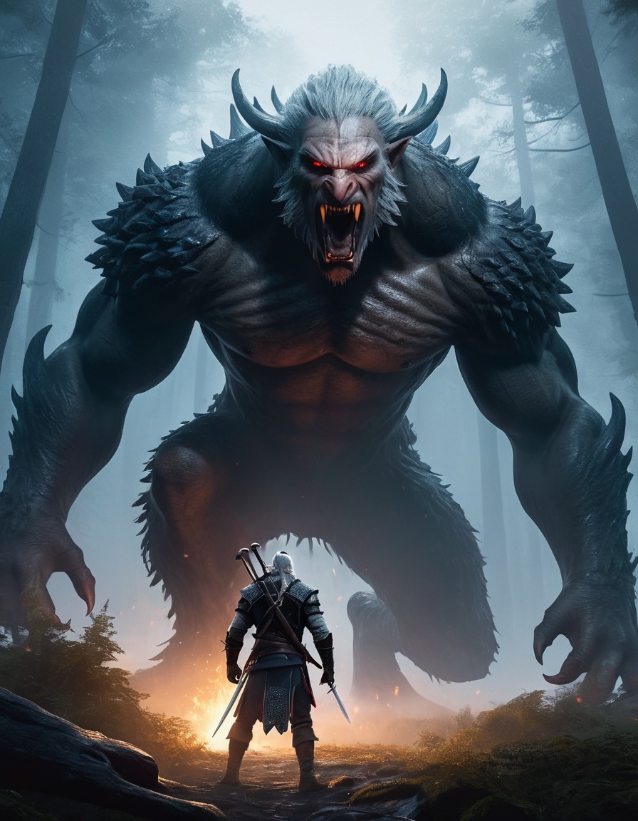 geralt of rivia, monster, dark forest, foggy, fantasy, video game, action, computer games