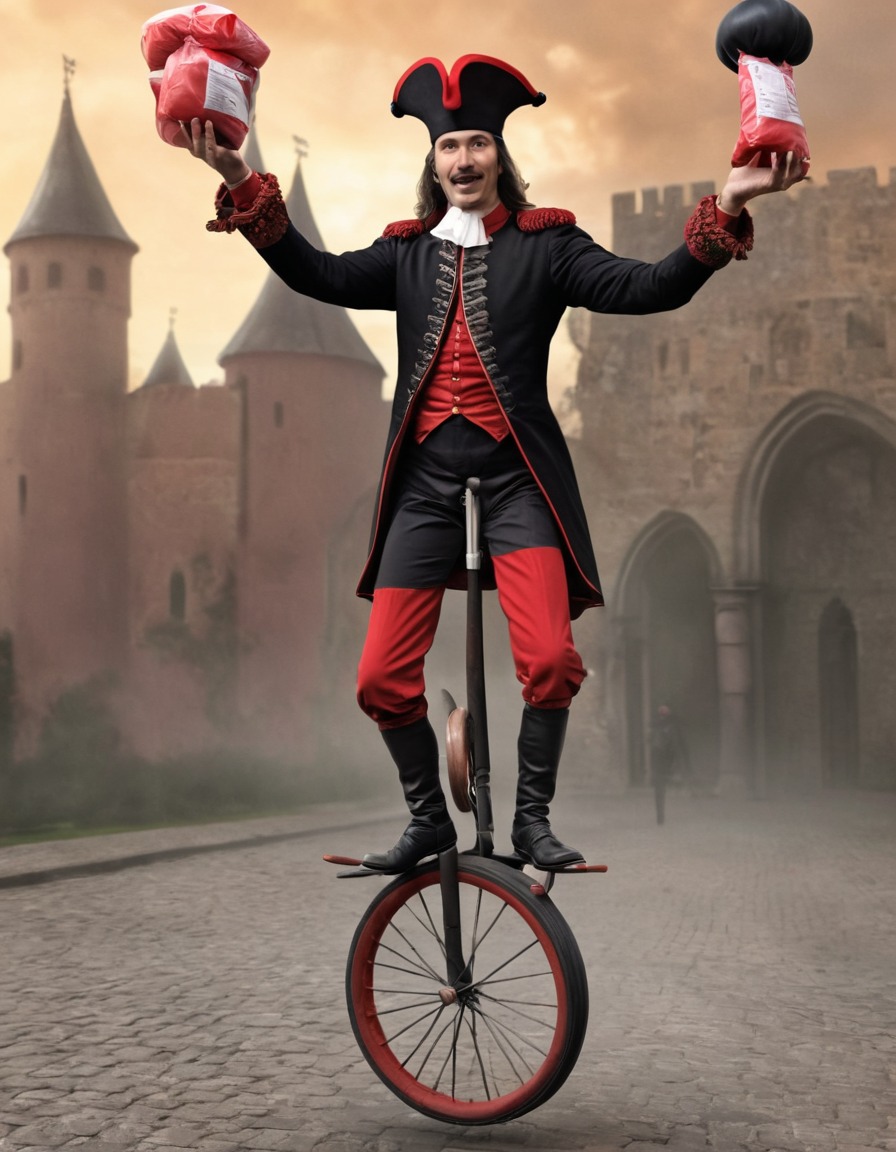 vlad the impaler, caricature, humor, juggling, unicycle, blood bags, funny