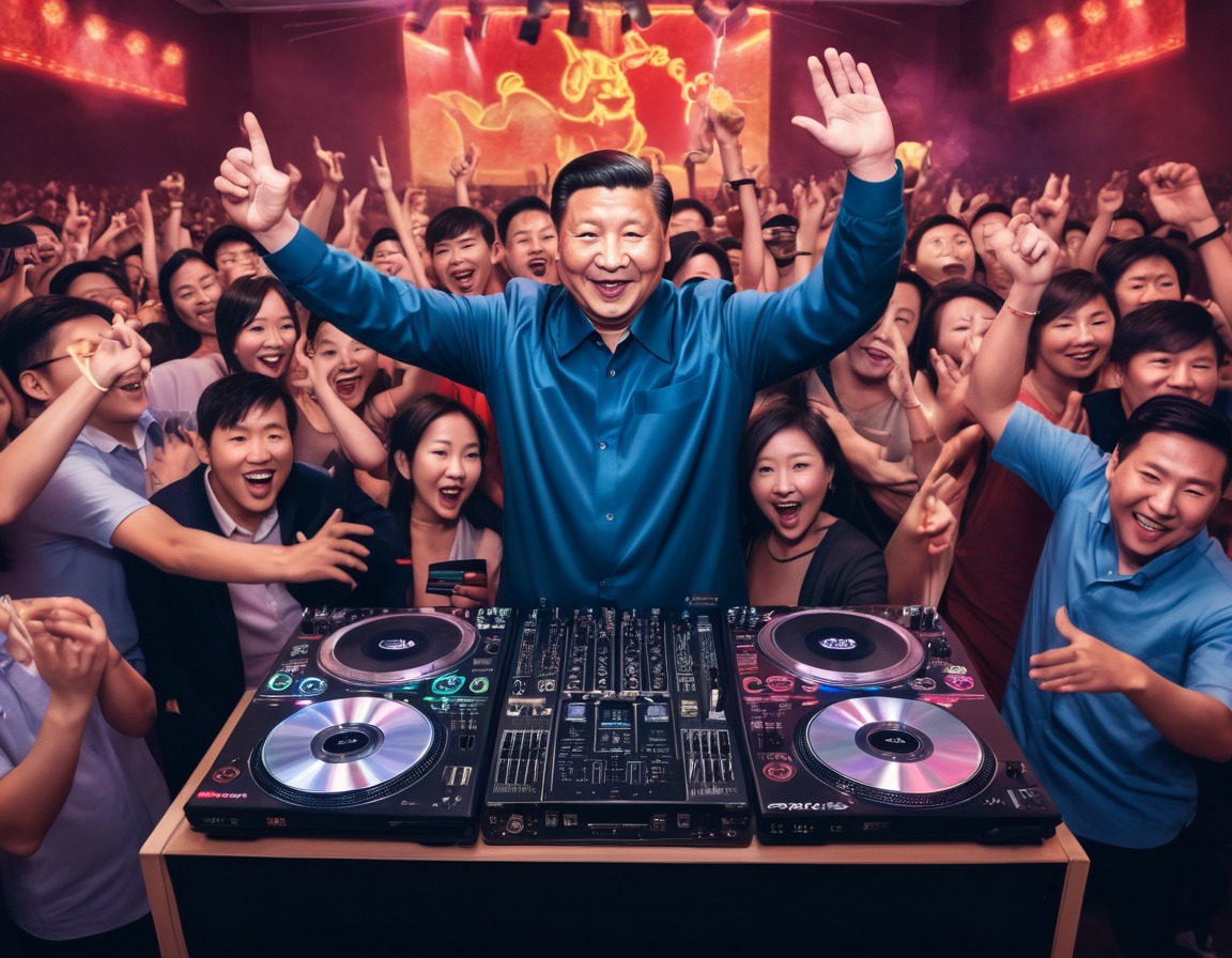 xi jinping, dj, dance party, crowd, cheering fans, china