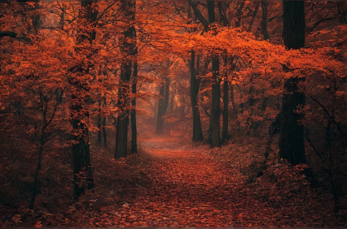 autumn, fall, forest, nature, red, trees, photography