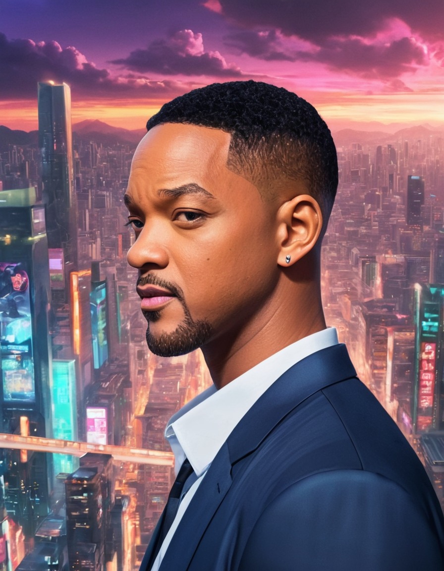 will smith, anime, futuristic, cityscape