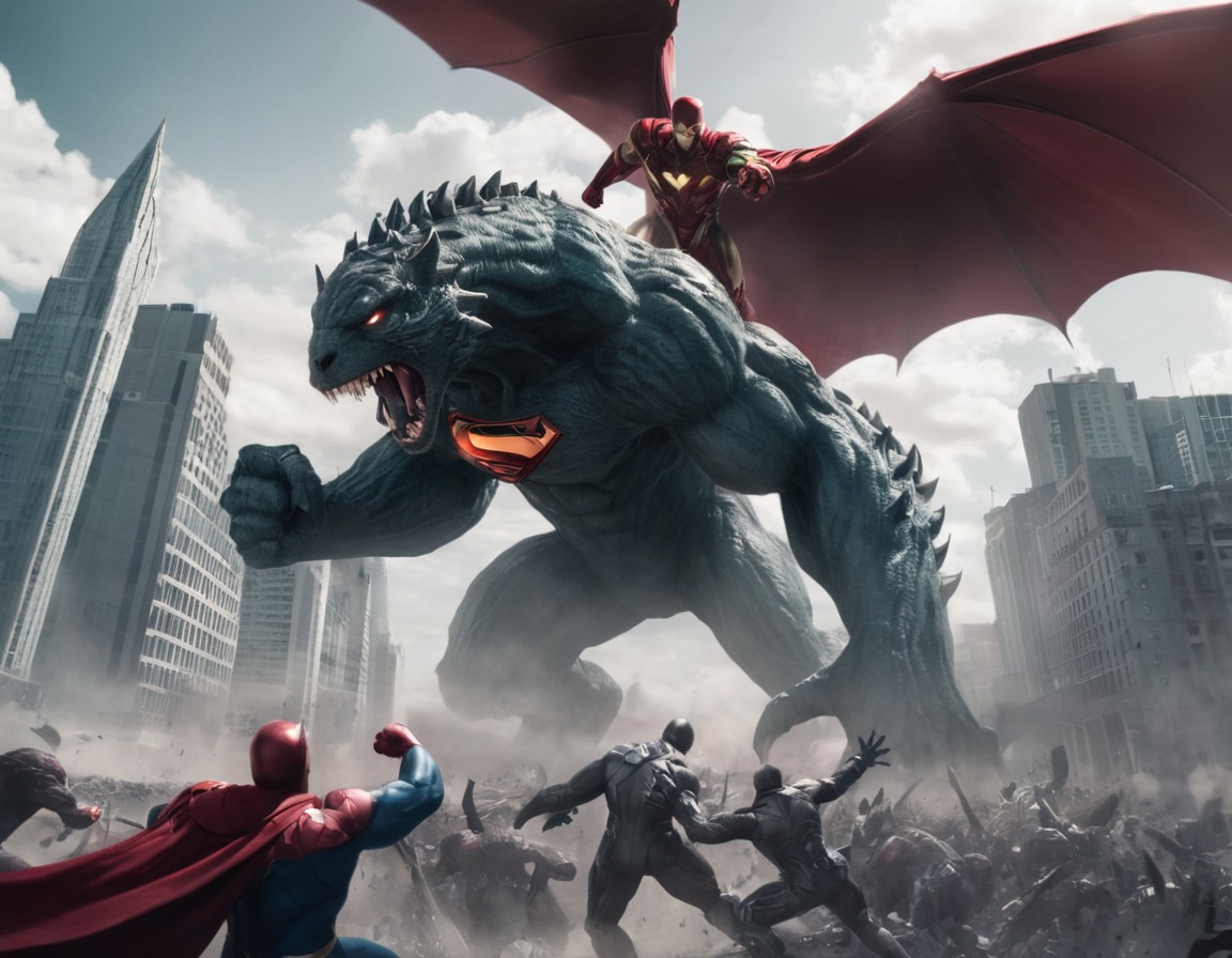 superhero, teamwork, giant monster, cityscape, battle, hero