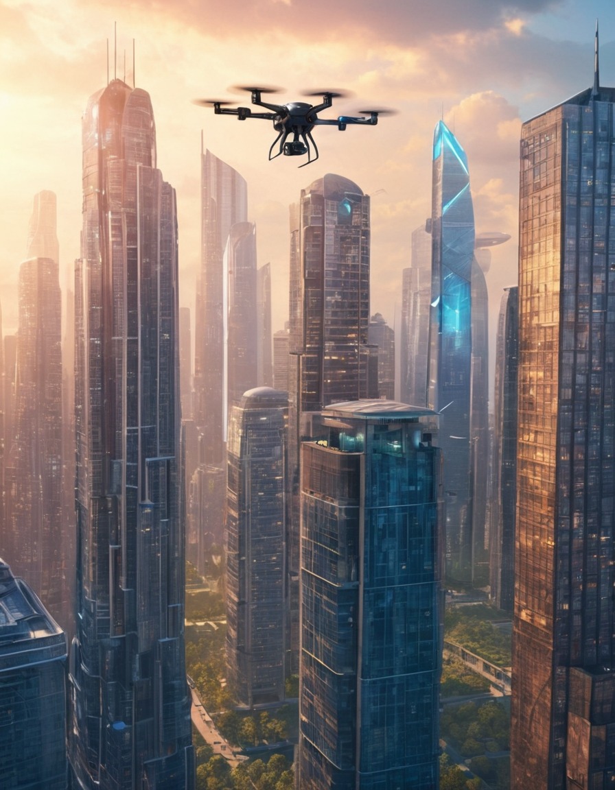 drone delivery, skyscrapers, technologically advanced, metropolis, future