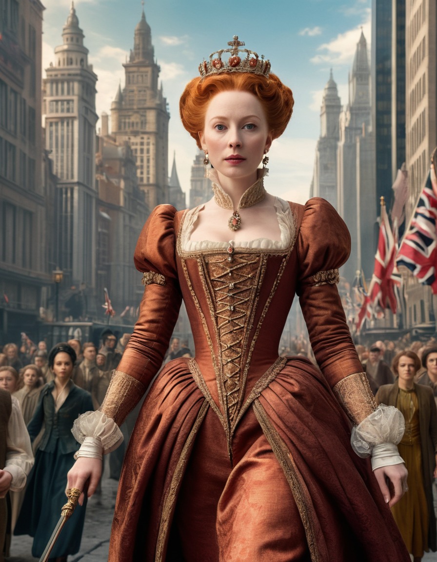 queen elizabeth i, england, historical figure, city, street, skyscrapers